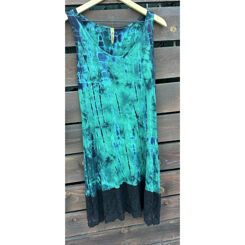 Vtg Pure Intent Boho Festival Green Tie Dye Dress Made In USA Size S